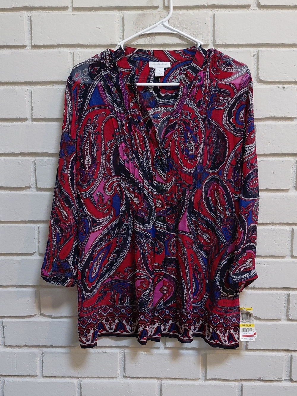 Charter Club Vibrant Paisley Semi-sheer V-Neck Ruffle Blouse. Size Medium NWT